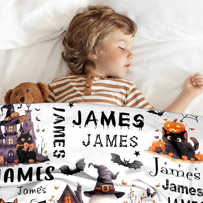 Ship Next Day, Custom Halloween Blanket - Printed in USA, Personalized Baby Blankets with Name, Gift for Kids Girls Boys, Unique Present for Birthday, Christmas, Halloween Bats Toddler Blanket