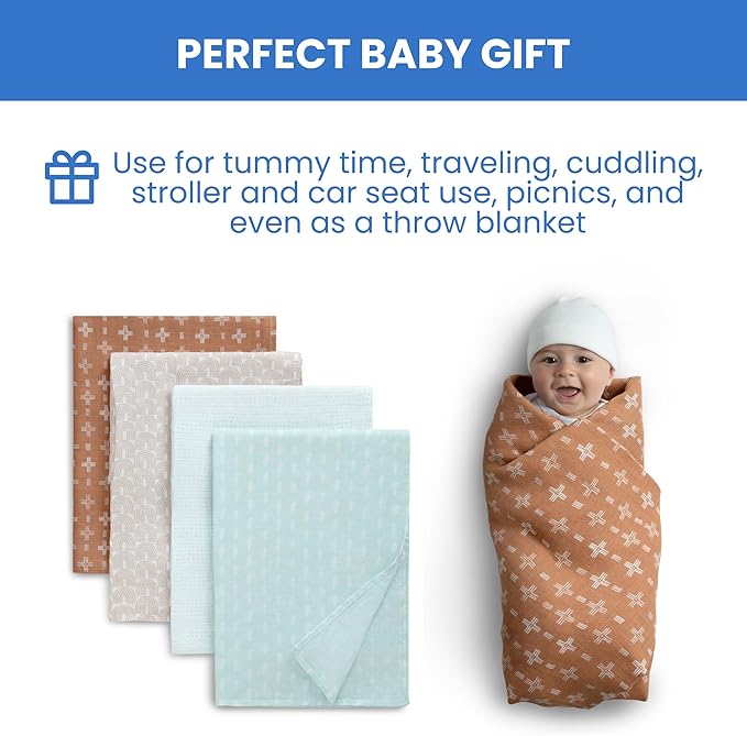 Delta Children 100% Cotton Muslin Baby Receiving Blankets for Girls and Boys – 47x47 Inches (Pack of 4), Neutral Boho