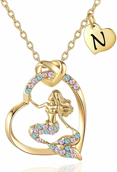 K-Acc 14K Gold-Plated Mermaid Initial Heart Necklace - Gifts for Girls