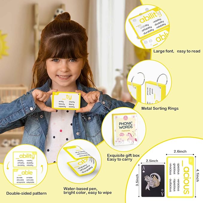 WJPC 116 Set Phonics Suffix Words Flash Cards,Phonic Sigh Words Flash Cards for 7,8,9,10,11,12 Years 2nd, 3rd, 4th, 5th Grade Boys&Girls&Kids Learning Writing Reading