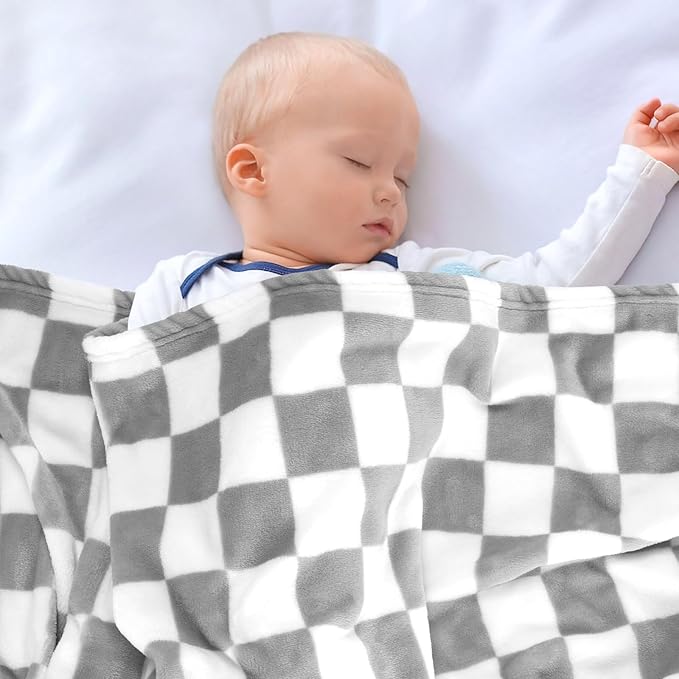 Plush Checkered Baby Blanket for Boys Girls Nursery, 30"*40" Warm Short Fleece Blanket Neutral for Infant Newborn, Small Fuzzy for Sleeping, Chenille or Stroller (Gray&White)