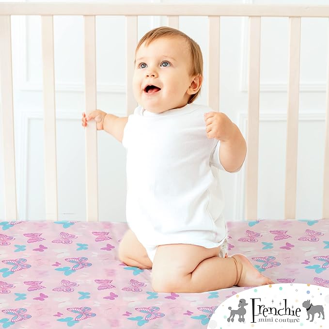 Fitted Crib Sheet Single, 100% Woven Cotton, Toddler Fitted Sheet, Fits Standard Size Baby Mattress 28 x 52 x 8in, Butterfly (Pink)