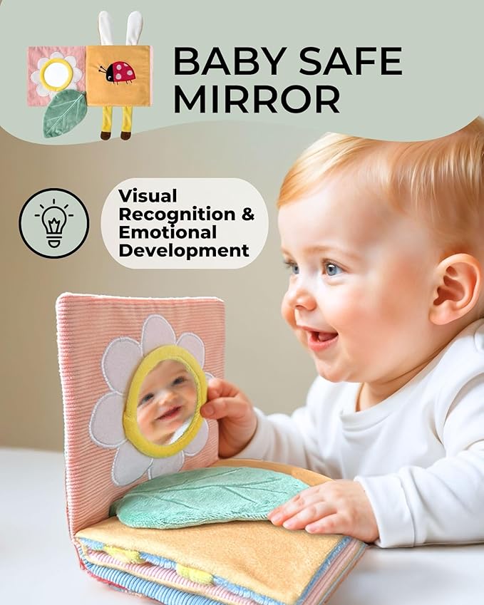 Cute Soft Baby Book with Mirror, Activities, Touch and Feel & Crinkle Pages - Interactive Sensory Cloth Toy for Babies 0-6, 6-12 & 12-18 Months - Adorable Animal Themes for Early Development