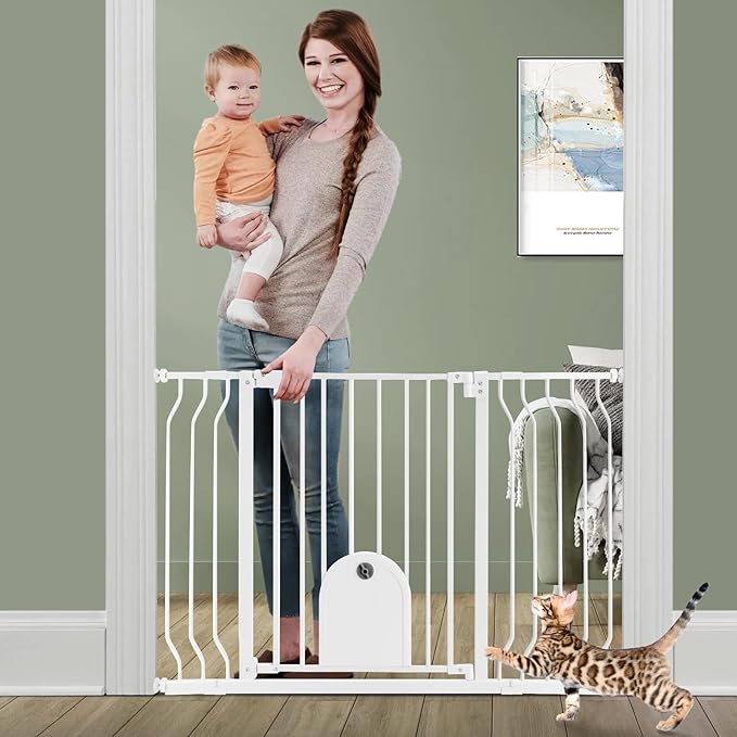 Baby Gate with Cat Door for Stairs - Baby Gate with Pet Door Auto Close 29.5"-48.5" Safety Metal Dog Gate for Door Ways/Stairs/House/Walk Through with Includes 2 Extension Pieces and 4 Wall Cups
