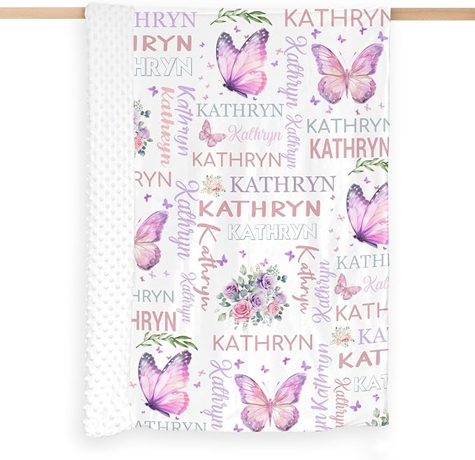 Personalized Baby Blanket for Girls Butterfly Custom Baby Blankets with Name Dotted Backing Customized Gifts for New Mom Customize Baby Blanket for Kids Newborn Birthday