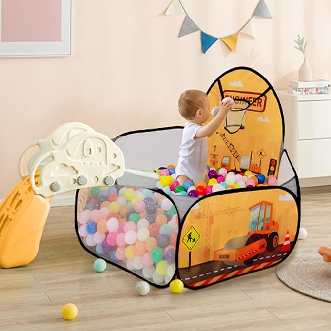 Kids Ball Pit, Pop Up Children Play Tent, Toddler Ball Pool Baby Crawl Playpen with Basketball Hoop, Portable Toys for Girls Boys, 4 ft / 120 cm, Balls Not Included, Engineering Car