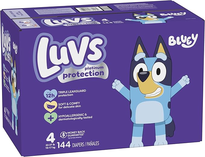 Luvs Size 4 Baby Diapers, Platinum Protection Bluey Diapers for Day & Night, Size 4, 144 Count (Packaging May Vary)