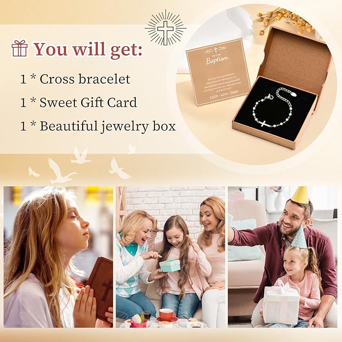 Baby Baptism Cross Bracelet Gift : 18k Gold Plated/Silver Delicate Pearl Cross Bracelets Kids Daughter Granddaughter Birthday First Communion Confirmation Gifts Christian Jewelry for Boys Girls