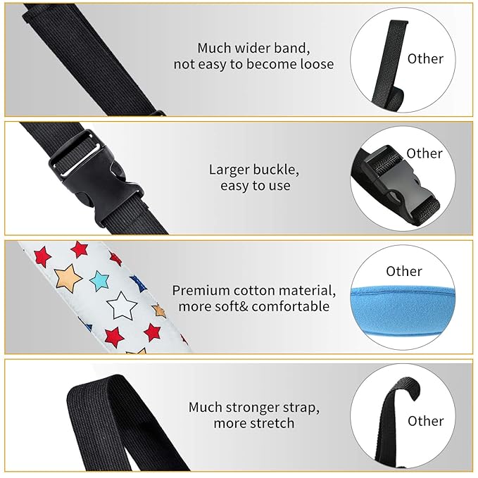 Baby Carseat Head Support,Car seat Straps Pillow Support Ban,Stroller Neck Relief Strap Headrest,Slumber Sling Sleep Positioner for Toddler Infants Child Children Kids(White Stars + Birds)