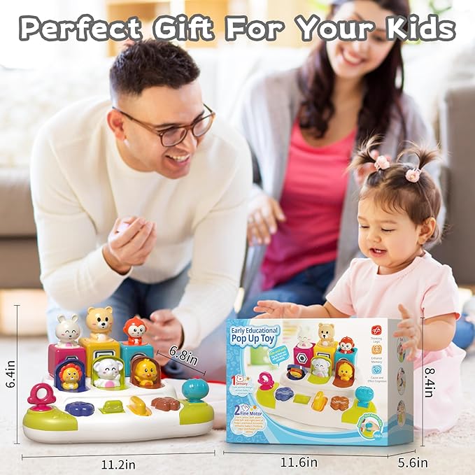 Baby Pop Up Animal Toys with Buttons & Colors, Montessori Cause and Effect Toys for Boys Girls, Kids, Toddlers, Babies – 9 Months +