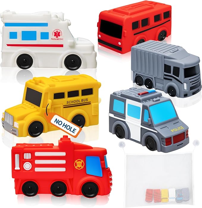 Mold Free Bath Toys, 6 Packs No Hole Baby & Toddler Bathtub Toys: Water Floating Vehicles Truck School Bus Car Toy, Sealed Soft Silicone Rubber Bath Toys for Kids ages 0+ (with Mesh Storage Organizer)