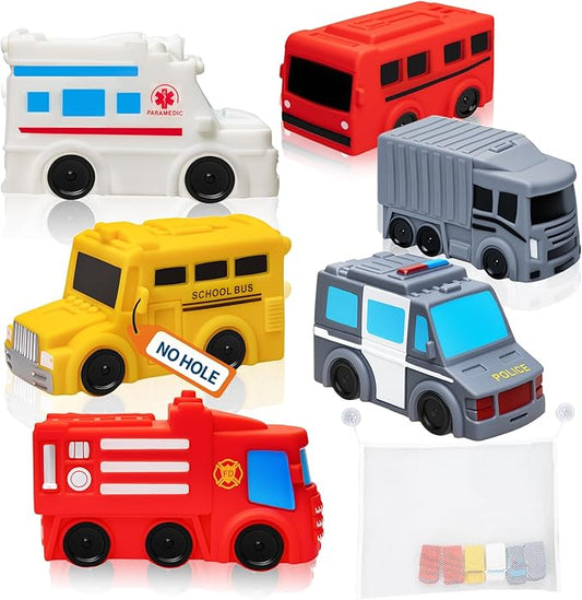 Mold Free Bath Toys, 6 Packs No Hole Baby & Toddler Bathtub Toys: Water Floating Vehicles Truck School Bus Car Toy, Sealed Soft Silicone Rubber Bath Toys for Kids ages 0+ (with Mesh Storage Organizer)