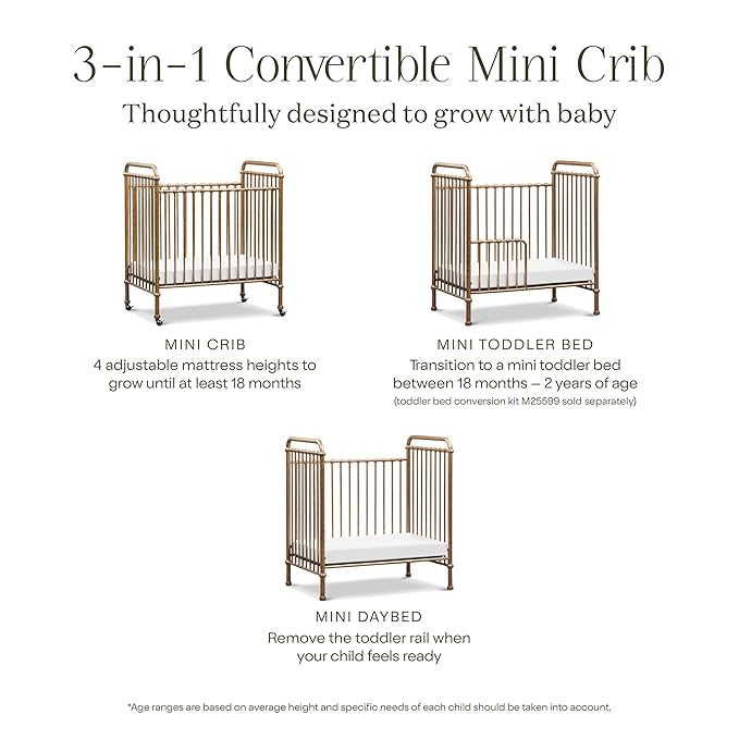 NAMESAKE Abigail 3-in-1 Portable Baby Crib with Wheels - GREENGUARD Gold Certified Convertible Crib to Toddler Bed & Daybed - Metal Baby Bed w/ 4 Adjustable Mattress Heights, for Small Spaces - Gold