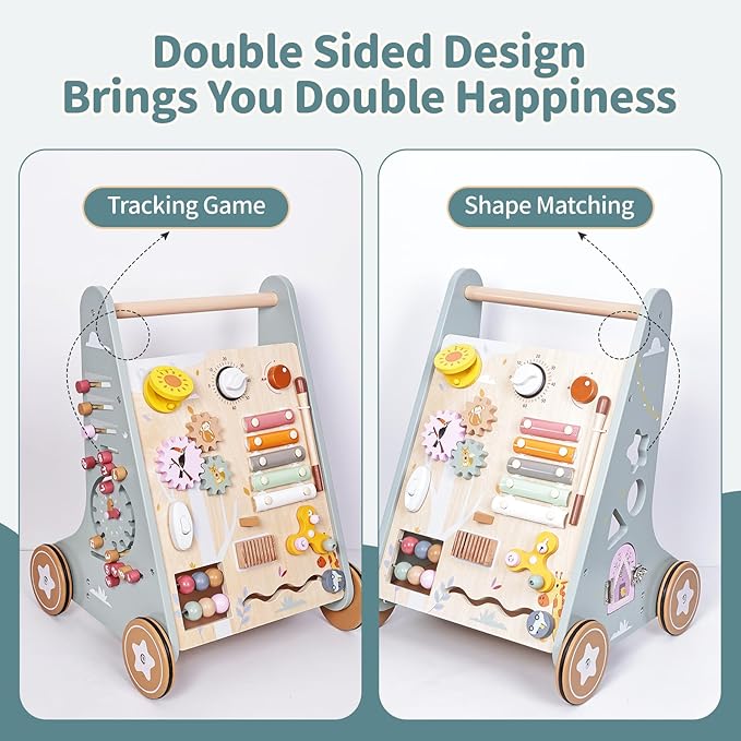 MICKYU Wooden Baby Walker with Wheels | Montessori Baby Push Walker Activity Center Toys Gifts for Boys Girls