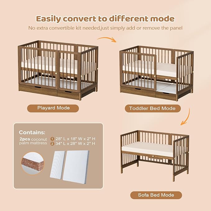 JOYMOR 8 in 1 Convertible Crib with Changer, Include 2” Mattress, Converts to Bassinet, Mid Crib, Full Size Crib, Daybed,Toddler Bed and Playard (Crib with Drawer, Honey Wood)