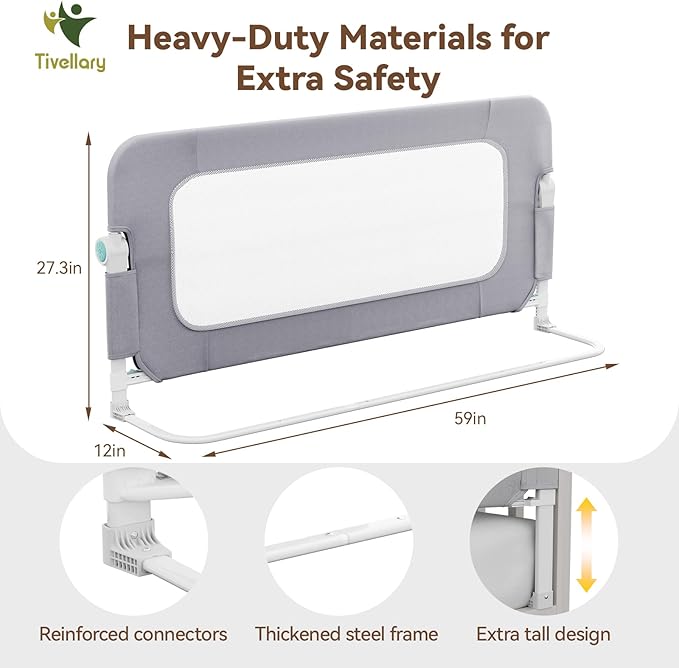 Reinforced Bed Rail for Toddlers – 59’’ Extra Long Safety Guard with Thickened Material, Adjustable & Folding Bed Rails for Twin, Full, Queen, King Beds