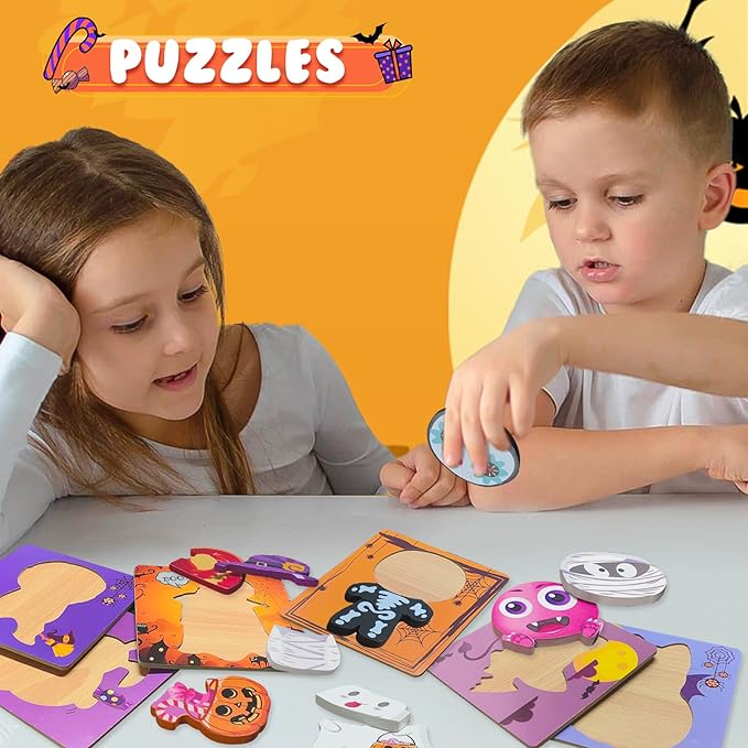 Halloween Puzzle Toys 6 Pack Wooden Puzzles for Toddlers Montessori Toy for 1 2 3 4 Year Old Boys Girls Toddler Gifts Halloween Treat Bags Gifts