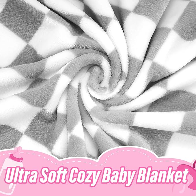 Plush Checkered Baby Blanket for Boys Girls Nursery, 30"*40" Warm Short Fleece Blanket Neutral for Infant Newborn, Small Fuzzy for Sleeping, Chenille or Stroller (Gray&White)