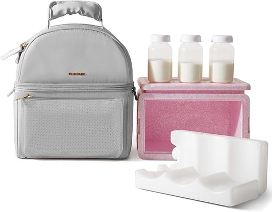 Sunveno Breastmilk Cooler Bag with 2 Ice Packs & Detachable EPP Insulation Box, 15-Hour Cold Retention Foil-Lined Leak-Proof Tote Fits 3 baby Bottles for On-The-Go Pumping Moms, Daycare & Travel,Grey