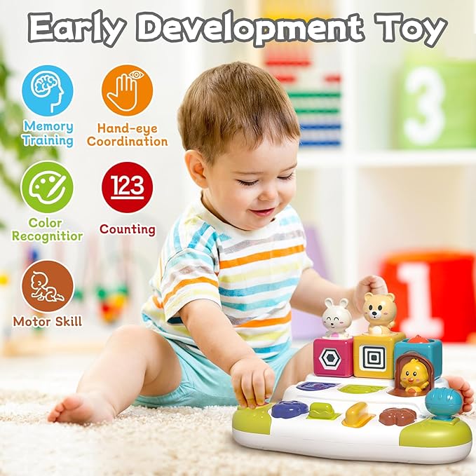 Baby Pop Up Animal Toys with Buttons & Colors, Montessori Cause and Effect Toys for Boys Girls, Kids, Toddlers, Babies – 9 Months +