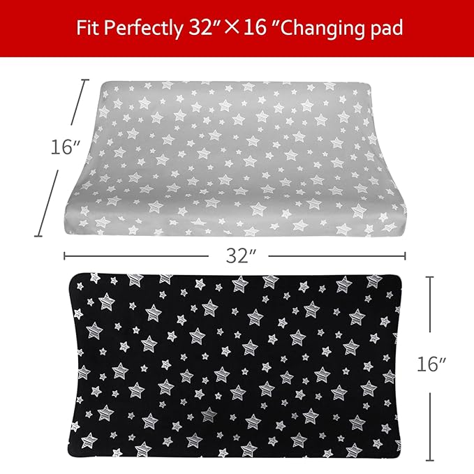 Changing Pad Cover for Boys Girls 2 Pack, Lovely Print Soft Unisex Diaper Change Table Sheets, Fit 32"x16" Contoured Pad, Comfy Cozy 2-Pack Cradle Sheets, Grey & Black
