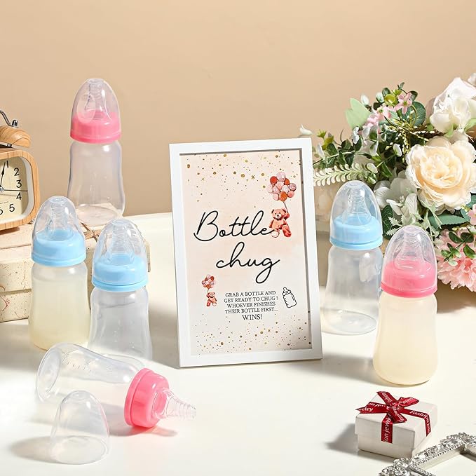 Roowest Bottle Chug Baby Shower Game Favors Including Brown Bear Theme Wooden Sign and 18 Pcs Baby Bottles for Gender Reveal Party Supplies
