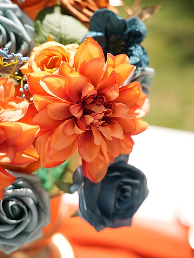 RICHMYC Artificial Flowers Orange Green Wedding Silk Fall Flowers with Stems Fake Cake Flowers for Wedding Bouquets Centerpieces Baby Shower Fall Decor