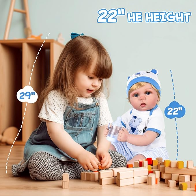 Aori Reborn Baby Boy Doll - 22 Inch Lifelike Realistic Newborn - Handmade Weighted Baby Dolls with Soft Cloth Body Cuddly Reborn Toddler for Kids 3+ | Realistic Boy Doll Gift Set