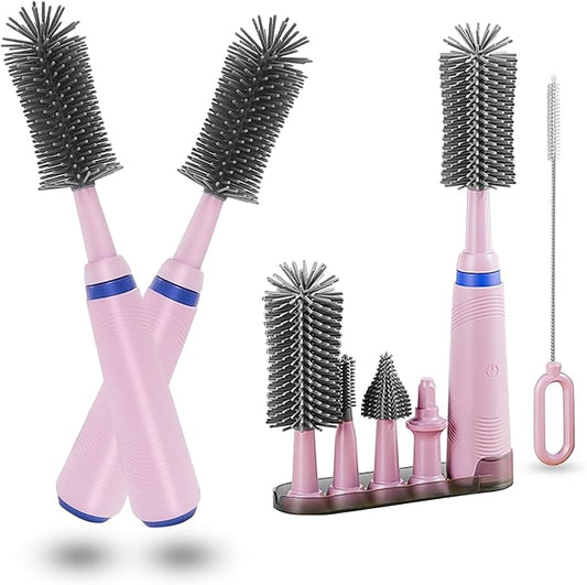 Electric Bottle Brush with Stand and Extendable Handle,Silicone Bottle Brush Set with Water Bottle/Nipple/Straw Brush,Easy-Grip Silicone Handle,Waterproof/Rechargeable Brush, Pink