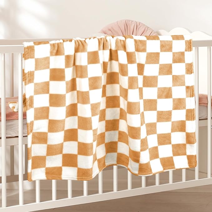 Plush Checkered Baby Blanket for Boys Girls Nursery, 30"*40" Warm Short Fleece Blanket Neutral for Infant Newborn, Small Fuzzy for Sleeping, Chenille Baby for Stroller (Orange&White)