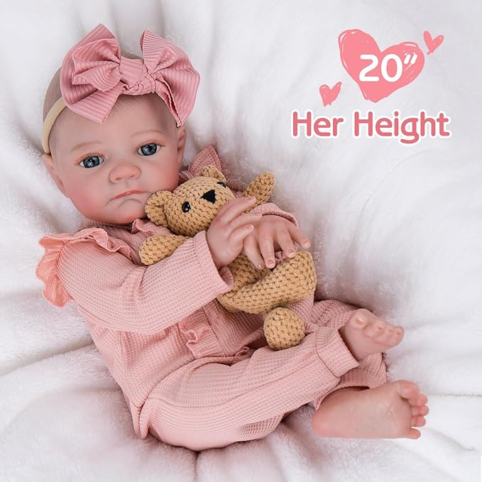 Aori Lifelike Reborn Baby Dolls - 20 Inch Ultra Realistic Girl Newborn Baby Doll with Weighted Body for Cuddling Poseable Soft Vinyl Doll Includes Pink Outfit Set for Kids 3+ Role Play