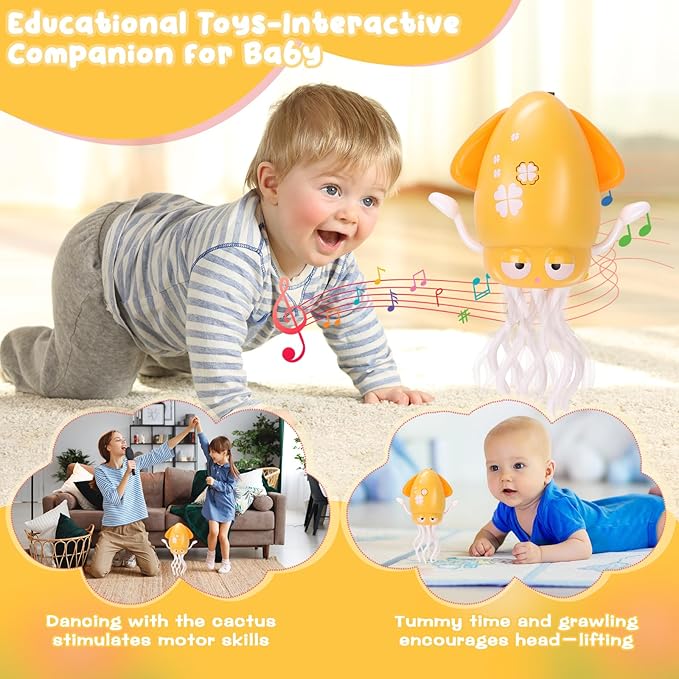Dancing Octopus Baby Toy, Tummy Time Toys, with Music and Led Light, Automatically Avoids Obstacles, Crawling Toy Suitable for Birthday Gifts for Toddlers Over One Month Old(Yellow)
