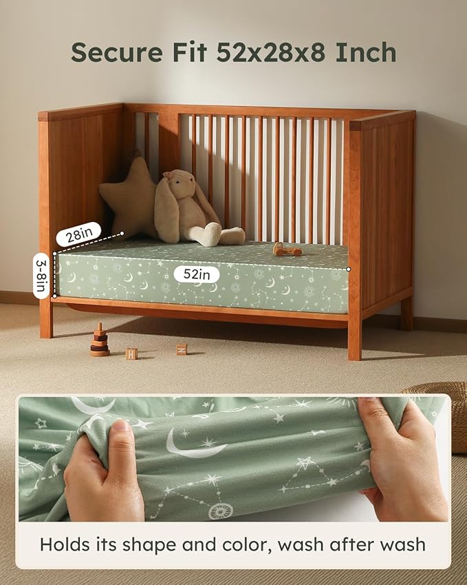 Baby Crib Sheets for Boys Girls, Fitted Crib Sheet Neutral 3 Pack for Standard Crib and Toddler Mattress, Breathable Soft Microfiber Baby Sheet 28x52x8in Green Gray Constellation