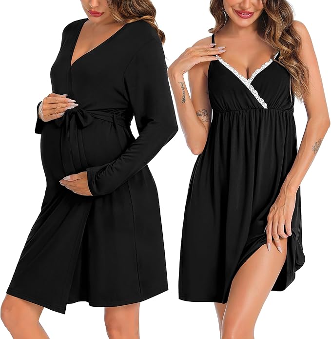 SWOMOG Womens Maternity Robe 2 Piece Nursing Nightgown for Breastfeeding 3 in 1 Labor Delivery Nursing Dress Lace Bathrobe