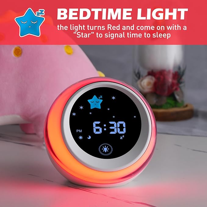 Kids Alarm Clock, Ok to Wake Clock with Sun & Star, Sound Machine, Night Lights, Nap Timer, Sleep Training Clock for Toddlers, Child