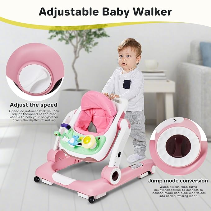 Baby Walker with Wheels, 5 in 1 Walker for Baby Boy Girl 6-12 Months with Bouncer, Music and Lights Baby Jumper Activity Center, Adjustable Height Speed, Push Walker for Ages 6-18 Months Toddler