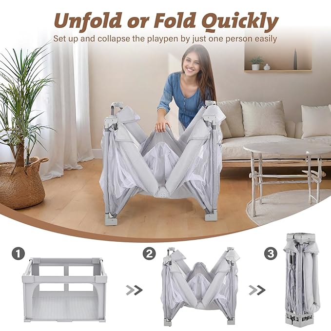 Joyibay Baby Playpen, 47x47 Foldable Playpen with Play Mat, Small Baby Playard, Baby Activity Play Fence Kids Baby Play pen for Babies Toddlers 1-3 Indoor Outdoor