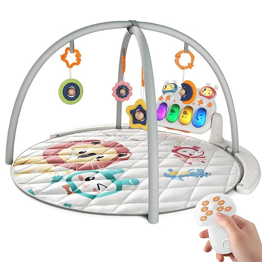TUMAMA Remote Control Baby Gym Play Mat, Activity Gym with Music and Lights, Detachable Play Piano Gym for Newborn Baby Boys Girls Christmas Holiday Birthday Gifts, Round (Lion)