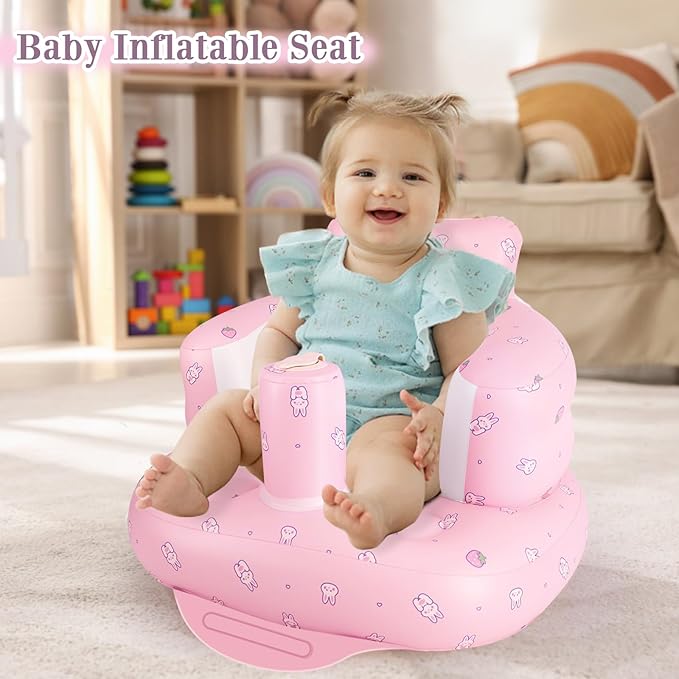 Inflatable Baby Chair, Inflatable Baby Seat for Babies 3 Months and Up, Summer Blow Up Chair with Built in Air Pump, Infant Floor Seats for Learning to Sit, Palying, Camping, Strawberry
