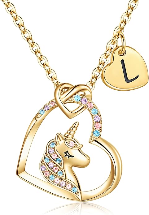 Hidepoo Unicorn Necklace Gifts for Girls Daughter - Colorful CZ Heart Pendant Initial Unicorn Necklaces for Girl Teens Little Girls Jewelry Birthday Gift