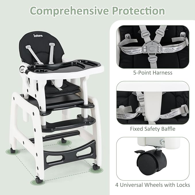 INFANS 5 in 1 Baby High Chair, Convertible Toddler Table Chair Set, Rocking Chair, Multi-Function Seat with Lockable Universal Wheels, Adjustable Seat Back, Removable Trays (Black)