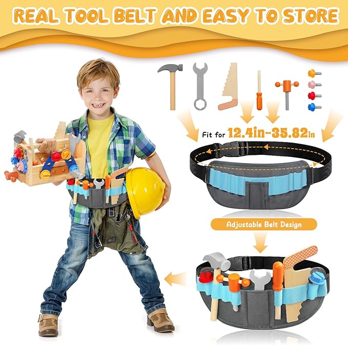 Myfolrena Kids Tool Set With Belt - Wooden Pretend Play Tools for Toddlers Ages 2-5 - Learning Stem Montessori Toys
