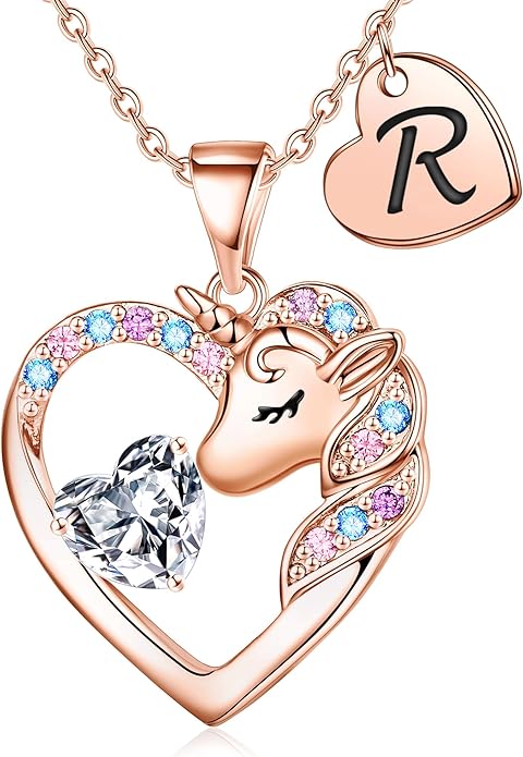Unicorn Necklace Gifts for Girls Kids - Colorful CZ Heart Initial Necklaces Unicorn Necklace for Girls Jewelry Birthday Gifts for Little Girl Kids