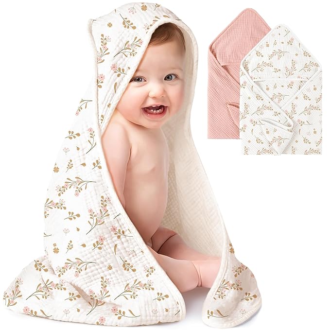 Konssy 2-Pack Muslin Hooded Baby Towels, 100% Cotton, Ultra-Soft & Absorbent Baby Bath Towels with Hood for Newborn & Infant (Pink, Floral,30" x 30")
