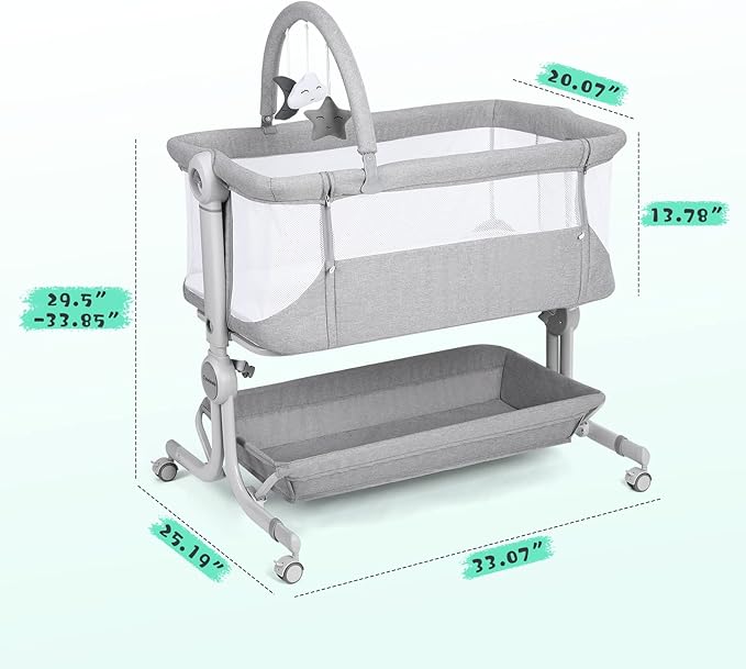 Cowiewie Baby Bassinet Bedside Sleeper with Storage Basket,Wheels and Toys, Easy Folding Portable Bassinet with Wheels Adjustable Height Portable Bassinets for Newborn