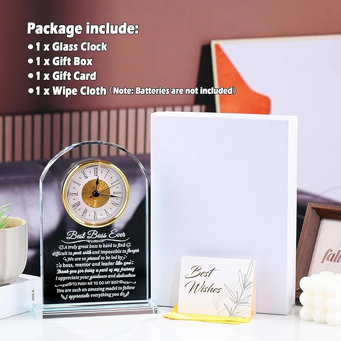 Glass Clock Best Boss Ever Gifts for Women Personalized Appreciation Gift for Men, Retirement Clock Gifts for Lady Boss Going Away, Boss's Day Gift Idea for Office Home Decoration Desk Clock