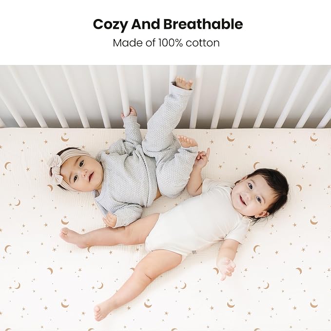 Konssy Muslin Crib Sheets for Girl Boy, 2 PCS Soft and Breathable Cotton Baby Sheets for Standard Crib Mattress, 52"x 28" (Moon,Camel)