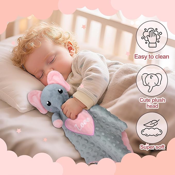 Personalized Security Blankets for Babies with Names, Elephant Custom Baby Blanket, Embroidered Lovie Lovey Security Blanket for Babies Girls Boys, Newborn 1st Birthday Gifts (Grey Elephant)