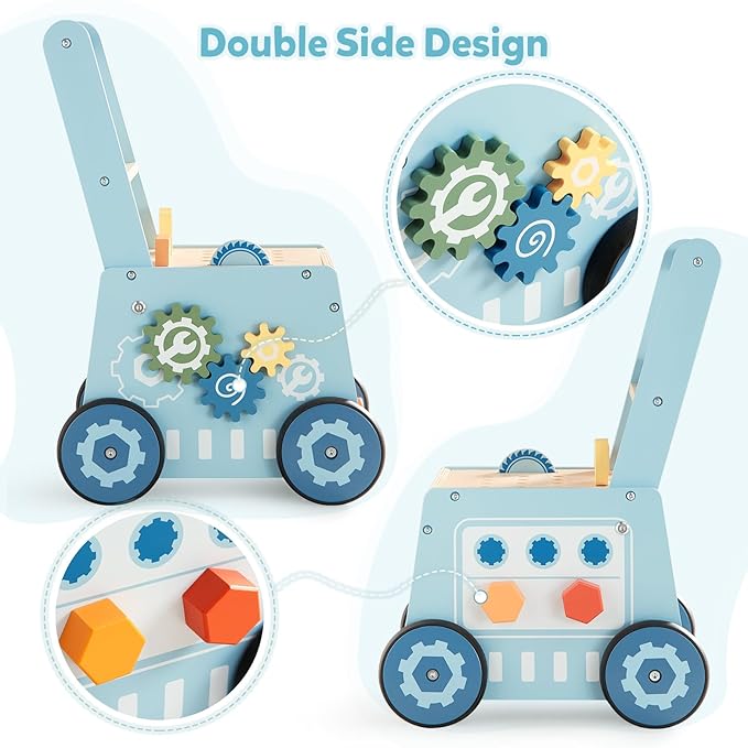 Beright Wooden Baby Push Walker, Wooden Baby Walker and Tool Toy for Toddlers, Kids Tool Bench, Baby Activity Center, Toddler Montessori Educational Toys, Blue