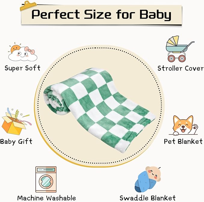 Yurhap Checkered Baby Blanket Fleece Baby Blankets for Boys, Ultra Soft Cozy Fluffy Infant Toddler Newborn Receiving Gifts for Crib Stroller, 30x40 Inch, Jade Green